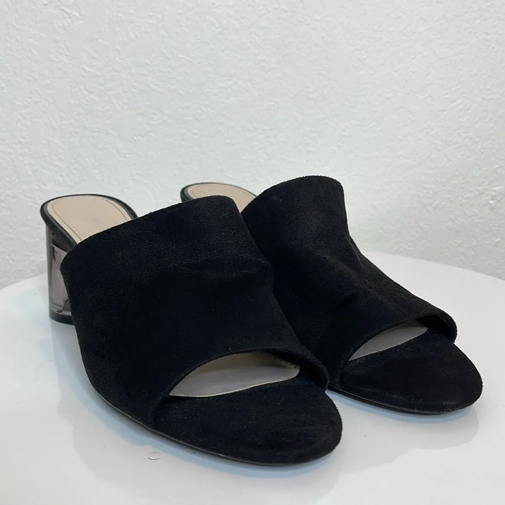 ZARA BLACK FAUX SUEDE SLIDE SANDALS LUCITE ROUND HEEL OPEN TOE MINIMALIST MULES - Picture 2 of 14
